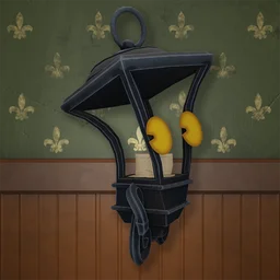 Fading Lights app icon: a wall lantern with yellow eyes, on green damask wallpaper.